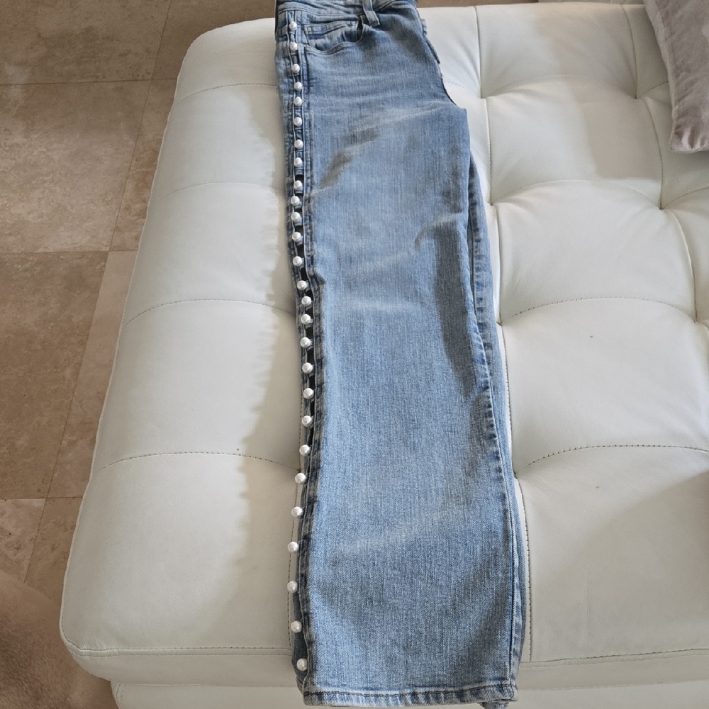 Light Blue Women's Jeans with Side Pearl Trim